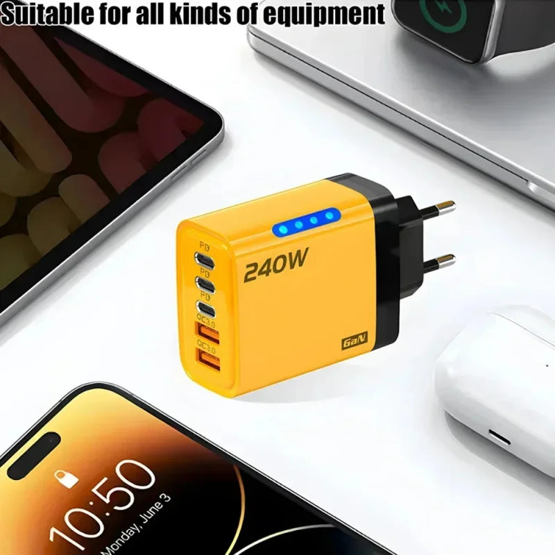 240W GaN USB C Charger 5 in 1 Fast Charging Phone Charger Power Adapter For iPhone Samsung Xiaomi Type C EU/US Plug Wall Charger